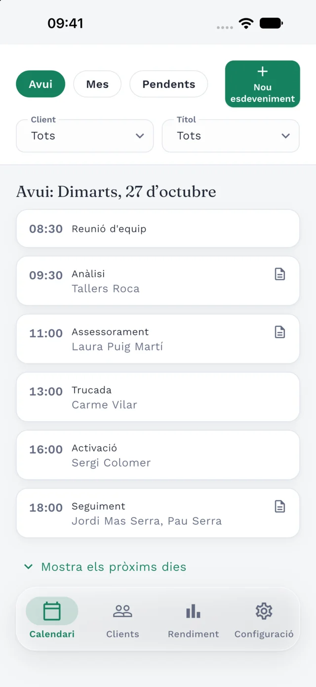 Agenda diària de Clilot amb esdeveniments vinculats a clients