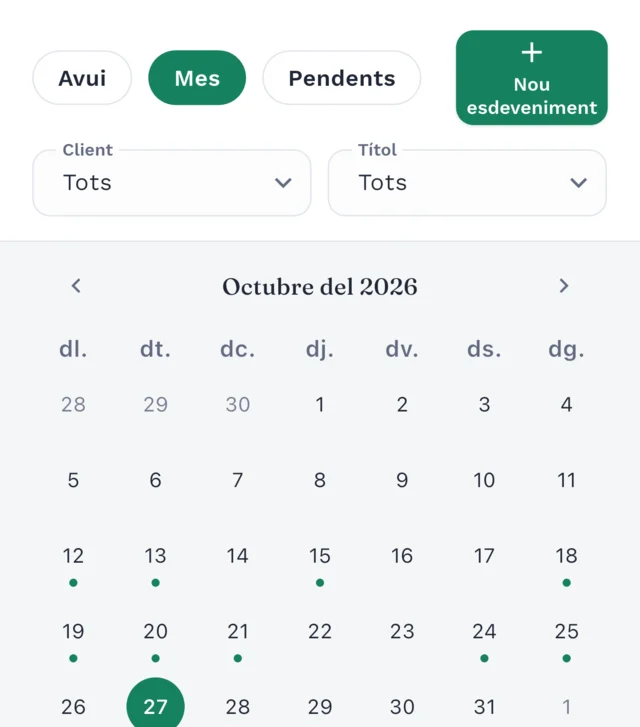 Vista mensual del calendari de Clilot amb esdeveniments