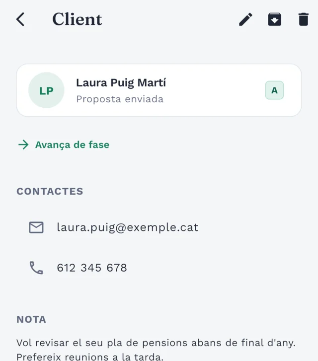 Fitxa de client amb dades de contacte, nota i propers esdeveniments