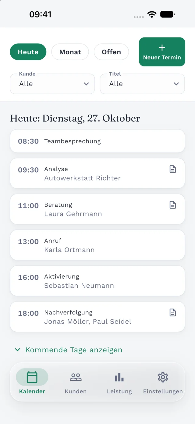 Clilot-Tagesansicht mit Terminen, die Kunden zugeordnet sind