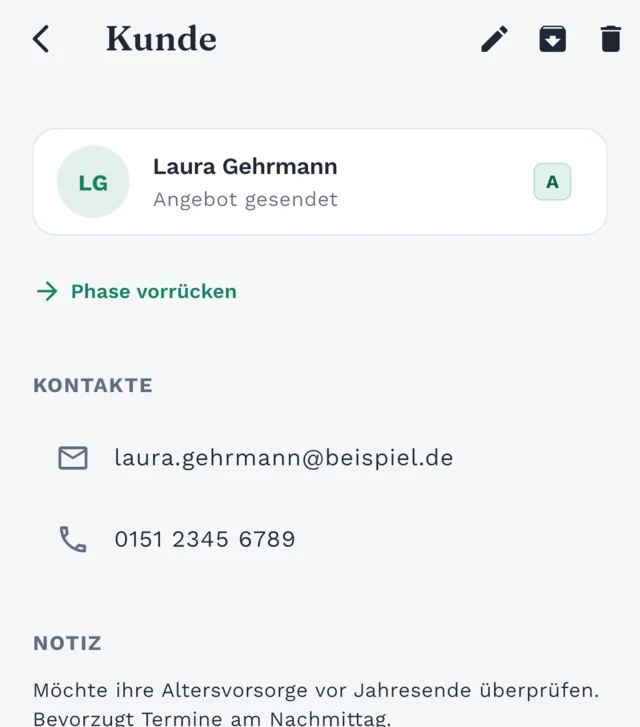 Kundenprofil mit Kontaktdaten, Notiz und bevorstehenden Terminen