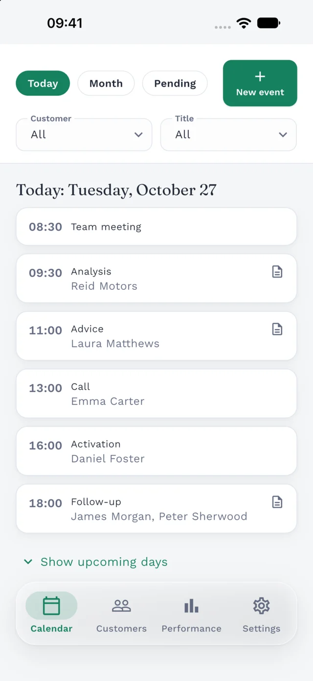 Clilot's daily calendar with events linked to customers