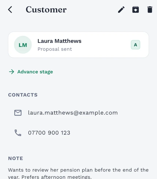Customer profile with contact details, a note and upcoming events