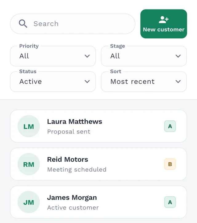 Clilot customer list with search and stage and priority filters