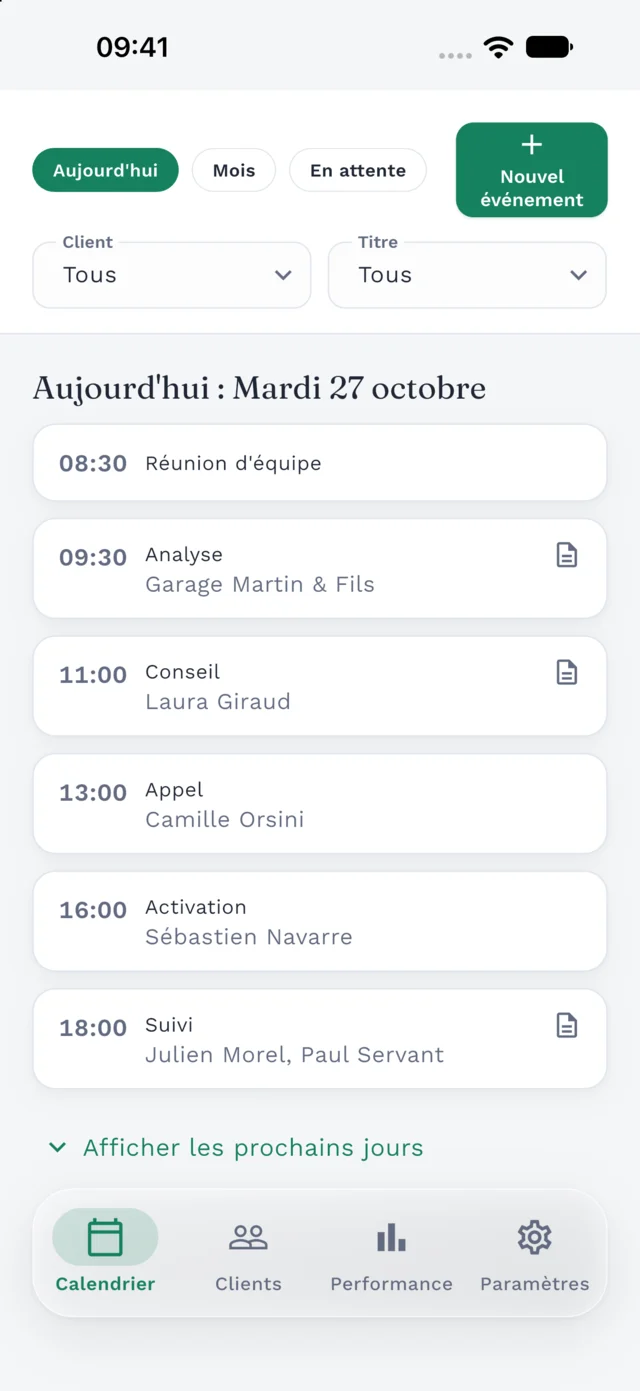 Agenda du jour de Clilot avec des événements associés aux clients