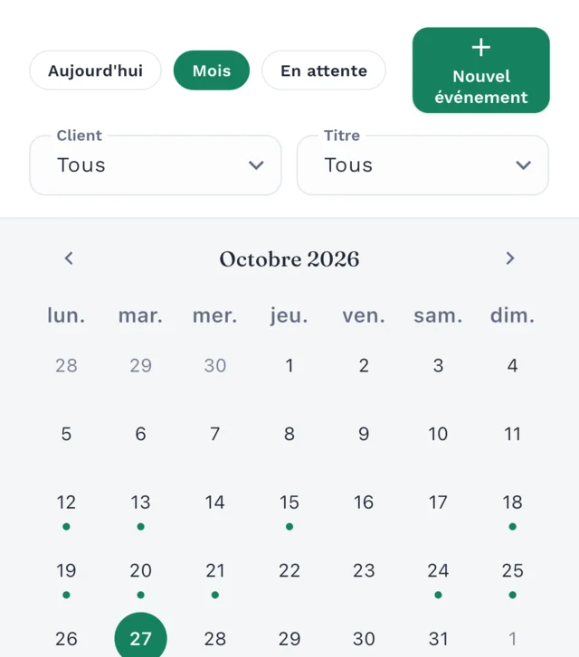 Calendrier mensuel de Clilot avec des événements