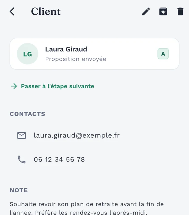 Fiche client avec coordonnées, note et événements à venir