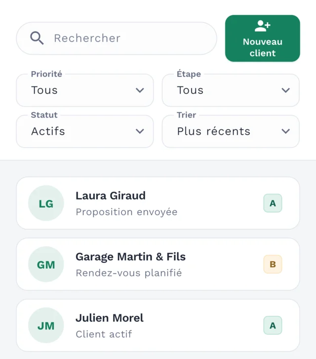 Liste des clients de Clilot avec recherche et filtres par priorité et étape