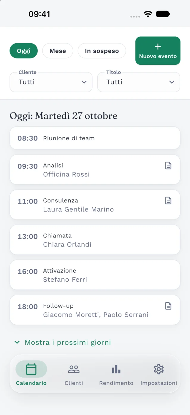 Agenda giornaliera di Clilot con eventi collegati ai clienti