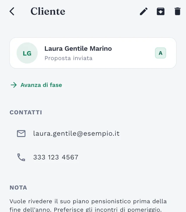 Scheda cliente con recapiti, nota e prossimi eventi